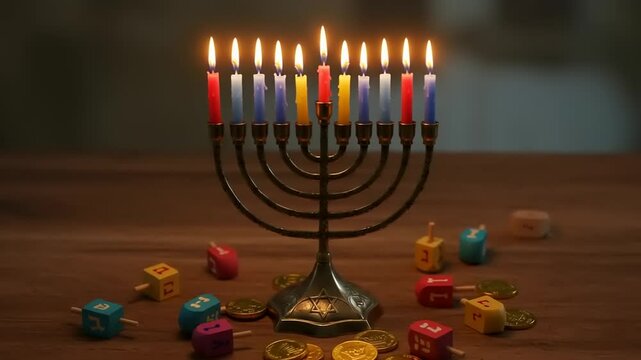 Menorah with lit candles surrounded by dreidels and chocolate coins on a wooden table