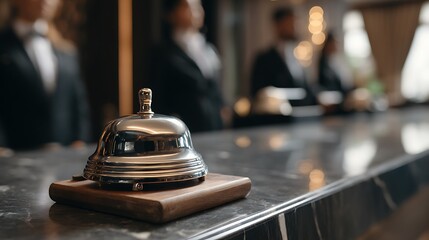 Modern luxury Hotel Reception Counter desk with Bell. Service Bell locating at reception. Silver Call Bell on table, Receptionists and customer on background. Ð¡heck in hotel. .