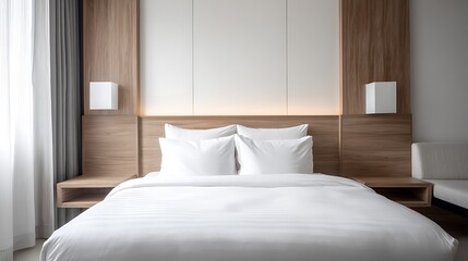 Modern hotel bedroom, with a white and wood color scheme, in a minimalist style .
