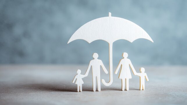 Paper cutout of a family holding hands under a large umbrella on neutral surface symbolizing insurance, safety, and family protection perfect for finance, security and health visuals