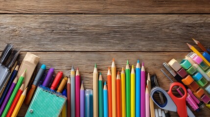 School supplies on wood background, top view, copy space