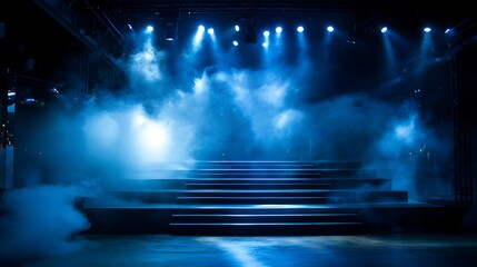 Mysterious stage illuminated by blue and white lights with smoke in a dimly lit performance venue at night .