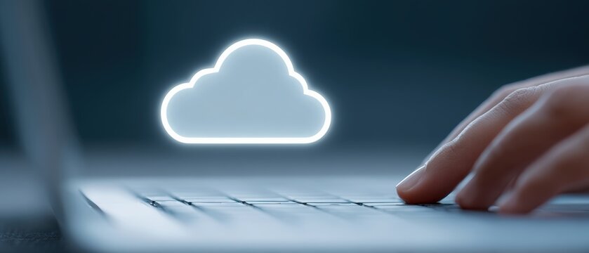 Cloud computing action digital workspace technology environment close-up view data management concept