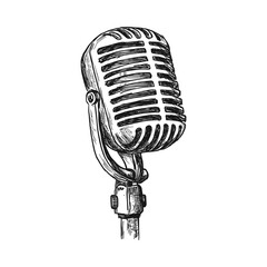 Vintage microphone sketch in black and white illustration  