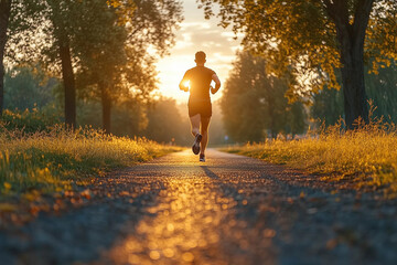 A photo of a young man running in a beautiful nature during sunset. There is a soft orange sunlight.