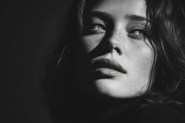 Dramatic Black and White Portrait of a Young Woman with Freckles Looking Upward in a Shadowed Setting