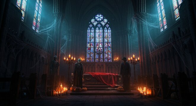Spooky gothic church interior halloween scene with candles pumpkins and figures 3d old red art dark