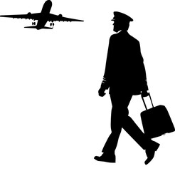 Airline Pilot Walking with Luggage and Departing Airplane Silhouette © Rezowan 