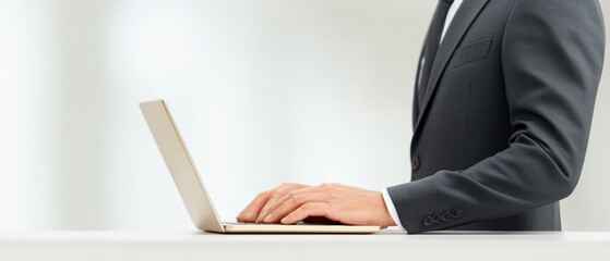 Business professional typing on laptop at office desk modern workspace digital communication close-up perspective