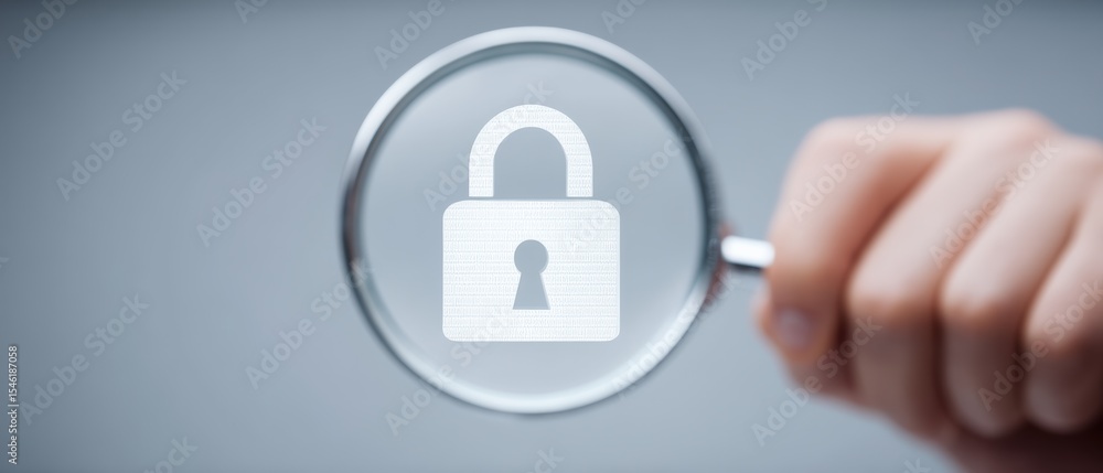 Poster analyzing digital security lock symbol under magnifying glass virtual environment graphic design hig