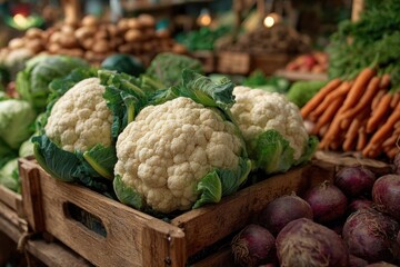 Fresh cauliflower heads in wood crate with cabbages, carrots, and red onions on display at an outdoor local market stall.