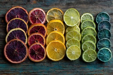 Vibrant citrus fruit slices on weathered wood backdrop display a colorful, appetizing food arrangement showcasing juicy texture
