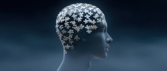 Obraz premium Exploring the concept of identity through puzzle pieces digital realm abstract art dark environment side profile cognitive representation