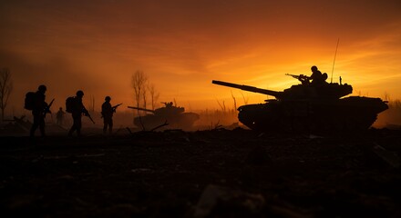 Silhouetted Soldiers and Tanks at Sunset: A Dramatic Wartime Scene