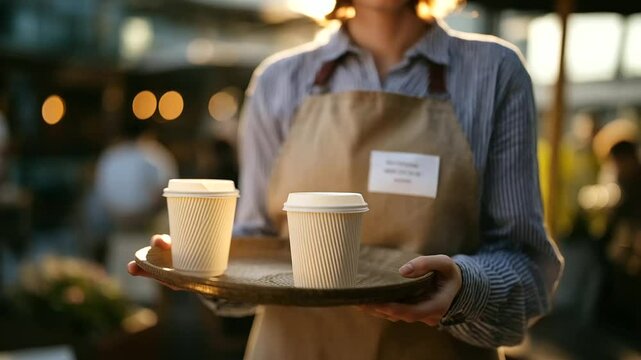 Barista girl outside caf&eacute; counter window hands off two takeaway cups on tray to unseen customer, early morning sunlight reflects off paper cup lids