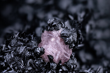 Pink Rhodochrosite with black Manganite. Specimen from N'Chwaning II, South Africa. Micro photography extreme close-up. microscope mineral crystal photography for Scientific use.
