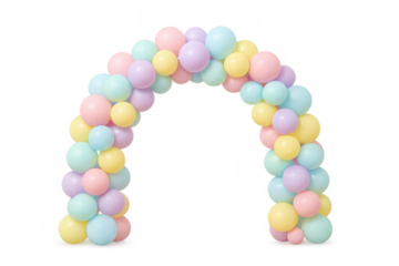 Pastel-colored balloon arch decorating festive event backdrop, creating celebratory festive entrance with transparent background