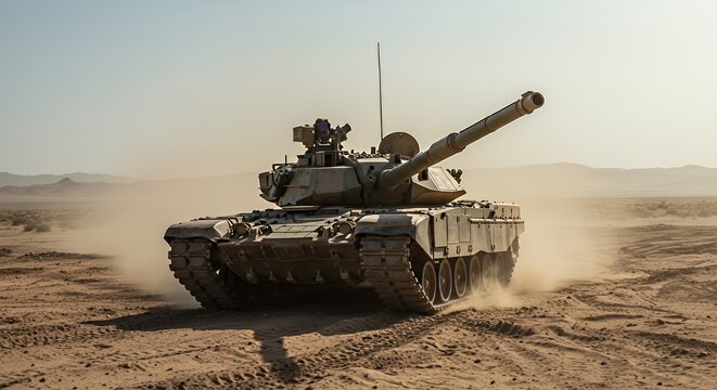 Desert Tank Maneuvers: M1 Abrams Rolling Through Arid Terrain Under Bright Sunlight
