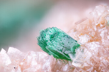 Green Malachite on clear Calcite. Specimen from Tsumeb mine, Namibia. Micro photography extreme close-up. microscope mineral crystal photography for Scientific use.