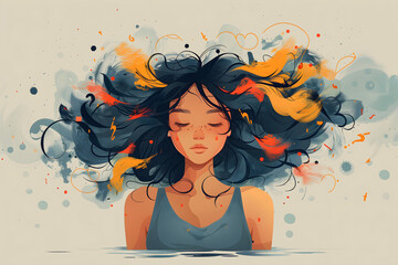 Overthinking, depression, anxiety – conceptual cartoon illustration symbolizing emotional overload, burnout, inner conflict and mental health struggle through a fragmented, modern human figure.