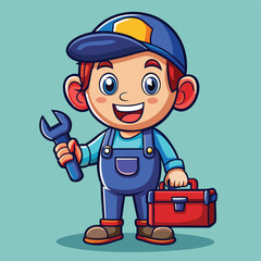 Cartoon Mechanic Character with Wrench – Happy Repairman Logo Illustration