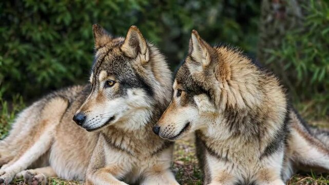 two large gray and black wolf laying on the ground next to each other
