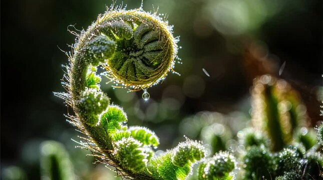 Time-lapse style macro of a fern fiddlehead mid-unfurling, covered in silvery hairs and glowing dew drops. Golden morning backlight reveals hyperreal textures against a soft forest green background.
