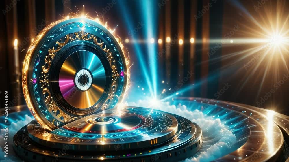 Poster a spinning disc on a table with a bright light in the background, suitable for use as a prop or visu