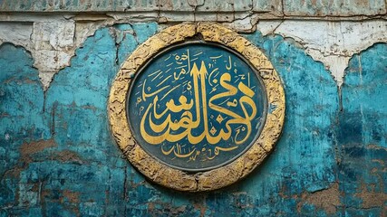 Ornate Arabic Calligraphy on Weathered Blue Wall with Distressed Texture and Historical Vibe - Powered by Adobe