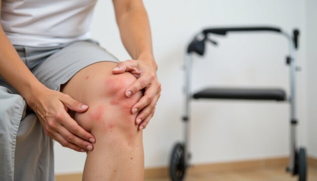 Struggling with knee pain while using a walker in a bright indoor space