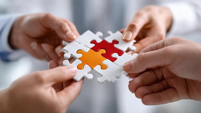 Puzzle Unity: A team of individuals collaborates to assemble the final pieces of a complex puzzle, symbolizing unity, cooperation, and the attainment of a shared objective.