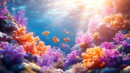 Obraz premium Vibrant coral reef teeming with colorful fish.