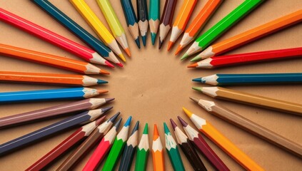 Fototapeta premium Circular arrangement of vibrant colored pencils on a textured brown background