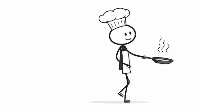 Stickman Chef Walking with Frying Pan in Hand Isolated on White Background