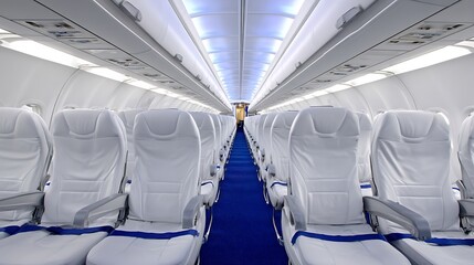 Obraz premium The interior of an airplane features white seats and blue carpeting, with rows of seats on both sides of the aisle .