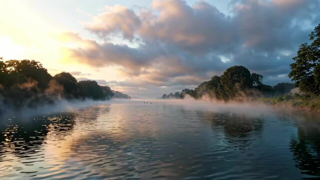 arafed view of a river with a fogy bank and trees