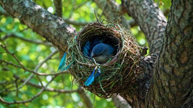 there is a bird that is sitting in a nest on a tree