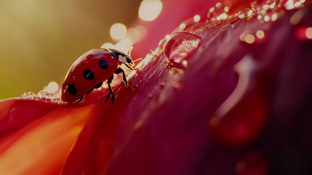 A ladybug delicately navigating a vibrant red flower petal adorned with glistening dew drops. The soft light of sunrise enhances the enchanting beauty of nature