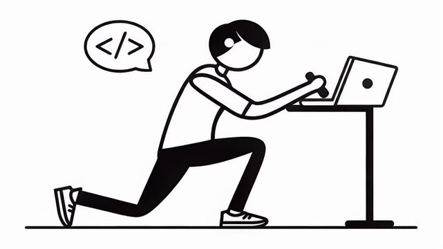 Stickman Coding on Laptop with Code Bubble in White Background perfect for educational content or illustrating concepts related to programming, software development