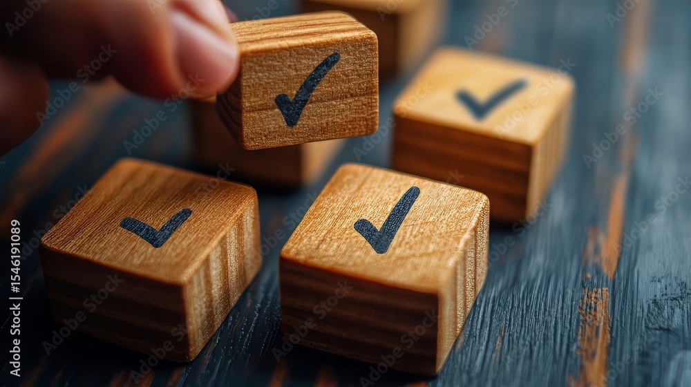 Poster a person arranging wooden blocks with document approval icons, symbolizing management workflow and p
