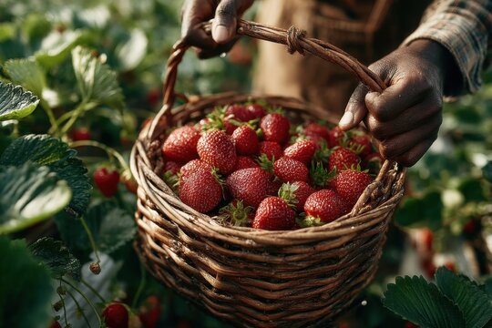 African descent person holding a wicker basket filled with fresh ripe strawberries in a strawberry field outdoors