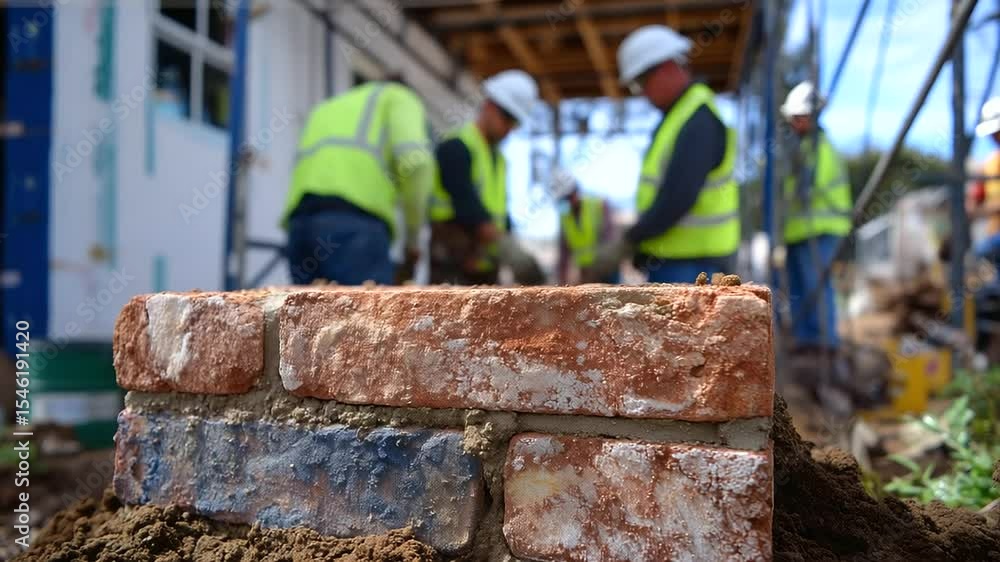 Poster detailed view of chipped red bricks stacked precisely on a concrete slab, while workers in yellow ve