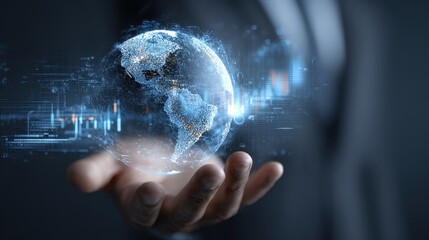 A high-tech transparent hologram of Earth floating above a businessman hand, with AI-generated trade data points and futuristic stock market analytics.