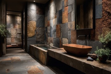 Stylish bath featuring a stone tub, vessel sink, rustic elements, and a calming, natural, spa-like ambiance for relaxation.