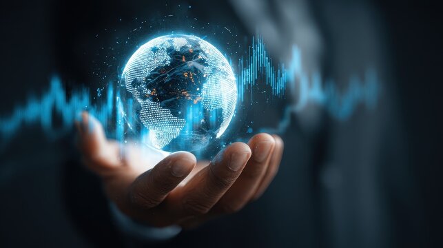 A high-tech transparent hologram of Earth floating above a businessman hand, with AI-generated trade data points and futuristic stock market analytics. 