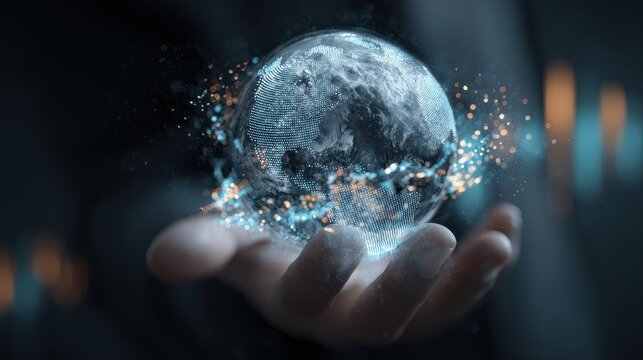A high-tech transparent hologram of Earth floating above a businessman hand, with AI-generated trade data points and futuristic stock market analytics. 