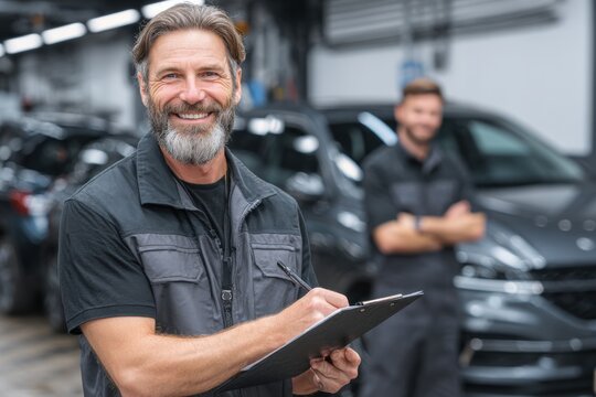 Smiling auto mechanic with a clipboard performs inspection in a car repair shop surrounded by vehicles and another worker