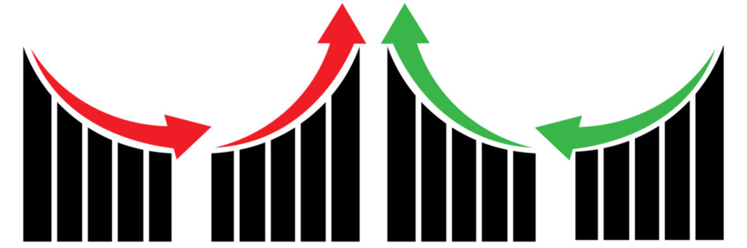 Up and down graph chart vector icon set. growth increase and decrease sign. economy rise and decline symbol. upward or downward trend bar chart icon