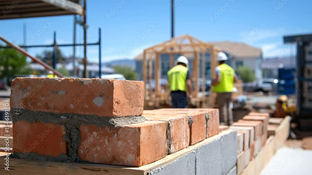 Poster detailed view of chipped red bricks stacked precisely on a concrete slab, while workers in yellow ve