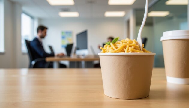 Lunchtime productivity in a modern office filled with creative energy and delicious takeout